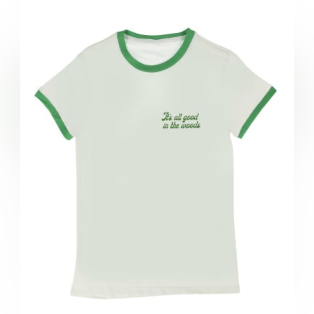 It’s all good in the woods tee. T-shirt. Sleeves have green trim.